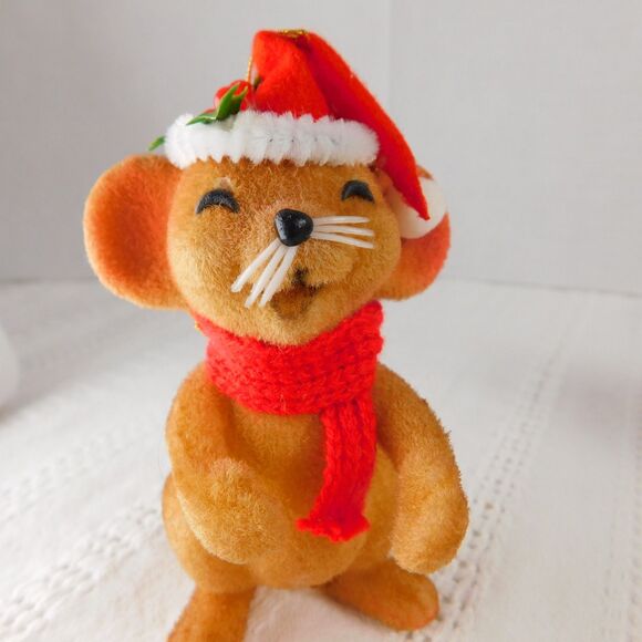 Flocked Christmas Ornaments, Lot of 3 Vintage 1960s Japan Raccoon Mouse Penguin - Picture 2 of 9